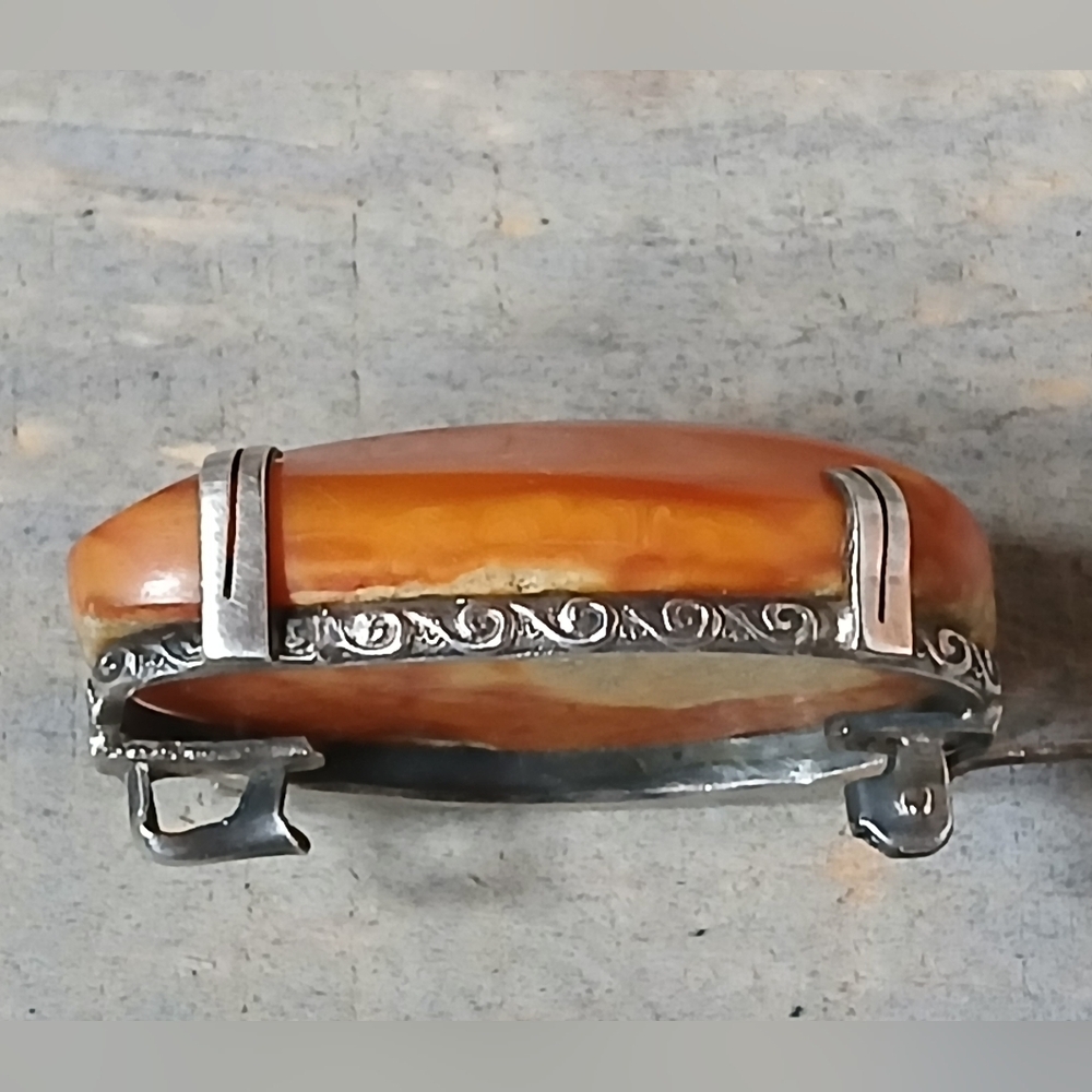 Antique .999 Silver Natural Butterscotch Egg Yolk Baltic Amber Brooch Pin Marked - Picture 12 of 16
